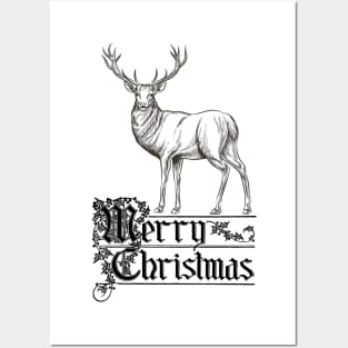 Merry Christmas with Deer Vintage Look Posters and Art